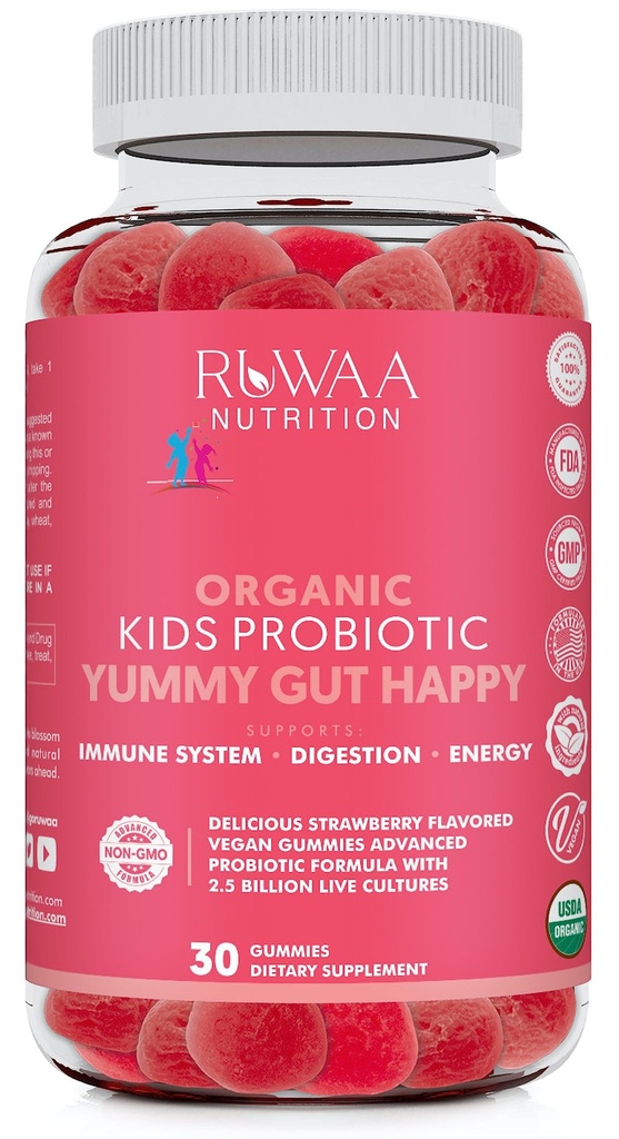 RUWAA NUTRITION Kinder Organic Probiotic Gummis für Verdauungs-Gesundheit, Immununterstützung, Verstopfung, Bloating. 2.5 Billion CFU, Erdbeeren Geschmack, Kaubare Probiotika für Kinder Alter 4+, 30ct (1)