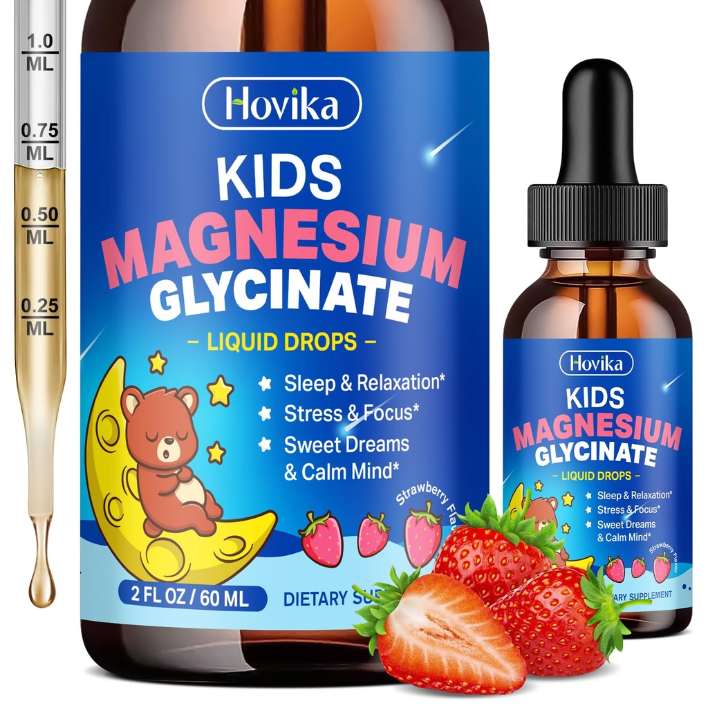 Magnesium Glycinate Flüssigkeit für Kinder - mit L-Theanin Omega-3, Vitamin B6, D3, Zink - Kinder Magnesium Tropfen für Schlaf, Entspannung, Ruhe & Fokus - 2 Fl Oz, Erdbeeren Flavor