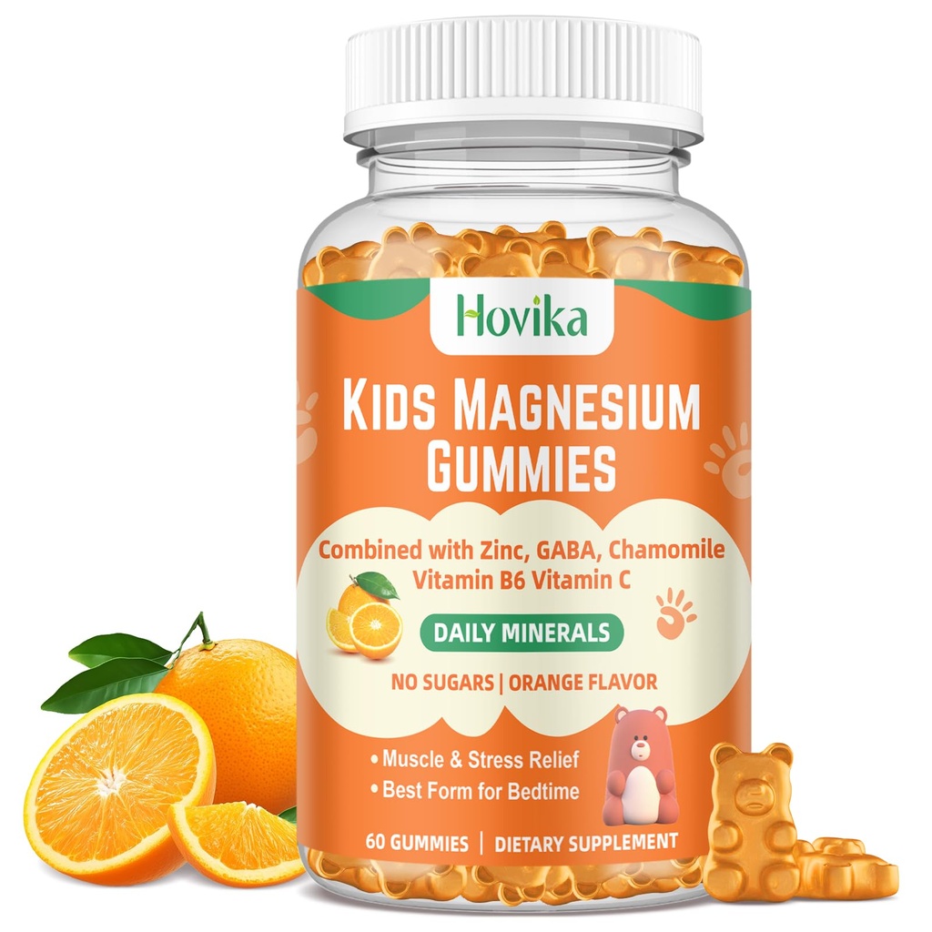 Magnesium-Glycinat-Gummi für Kinder: Beruhigen Sie Magnesium-Ergänzung für Kinder & Erwachsene mit Zink-Zitrat, GABA, Kamille, Vitamin B6 & C - Schlaf, Entspannung & Fokus, Orange Flavor 60 Count