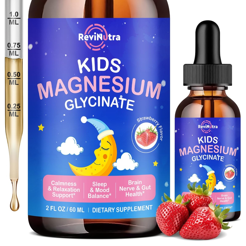 Magnesium Glycinate Flüssigkeit für Kinder - Citrate, Malate mit Omega-3, L-Theanin, GABA, Kamille, 5-HTP, D3, Zink, Kinder Magnesium Tropfen für Schlaf, Beruhigung, Entspannung & Fokus, Erdbeeren Geschmack, 2 Fl Oz