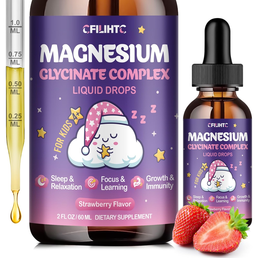 Magnesium Glycinat Flüssigkeit für Kinder - Magnesium Bisglycinat Tropfen mit L-Theanin, Kamille & Vitamin B6, B12, C, D3 für Schlaf, Entspannung, Immununterstützung, Calm & Focus - 2 Fl Oz, Erdbeeren Geschmack