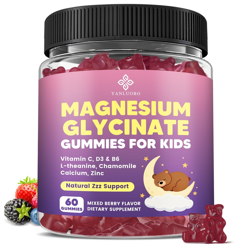 Kinder Magnesium Gummi, Magnesium Glycinat Gummi 400mg/200mg mit L-Theanin, Kamille, Vitamin B6, D3 für Kinder, Entspannung & Zzz-Unterstützung, Nerve Bone - Sugar Free Mixed Berry Flavor 60ct