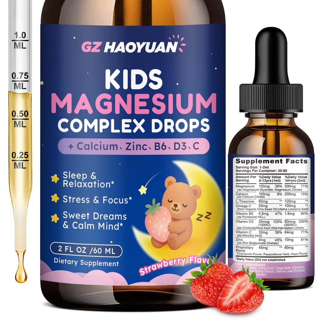 Kinder Magnesium Flüssigkeitstropfen - Magnesium Glycinate Tropfen für Kinder, Citrate Flüssigkeit mit Calcium, Omega-3, L-Theanin, Zink, Vitamin B6 D3 C für Schlaf, Entspannung, Beruhigung & Fokus, Erdbeeren Geschmack,2 Fl Oz