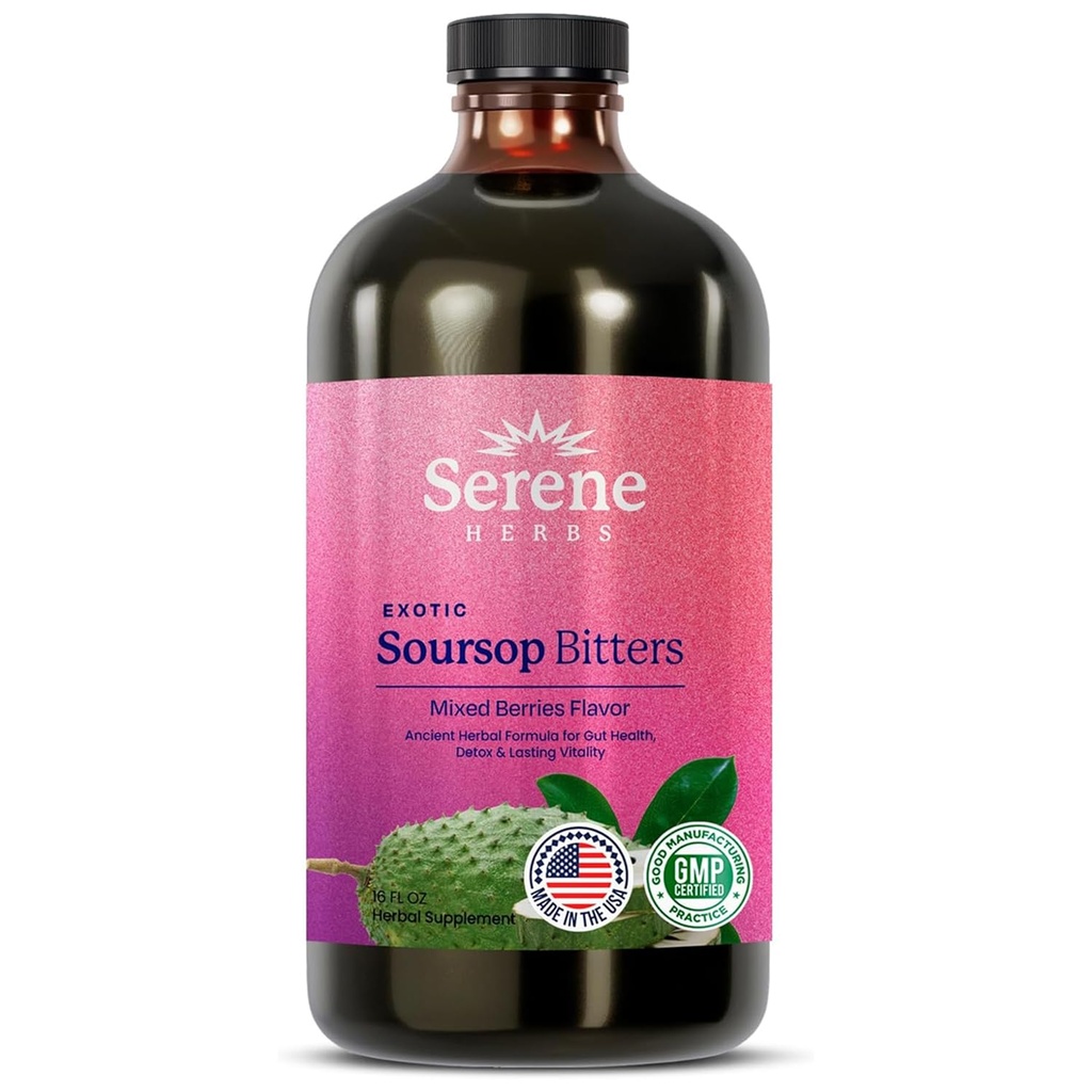 Serene Kräuter Soursop Bitters Liquid mit Soursop Blätter für Gut Cleanse, Detox & Immune Boost mit schwarzem Seed, Moringa, Irish Moss, Ashwaganda, Turmeric, 16 fl oz (16 Fl Oz (Pack of 1), Mixed Berry)