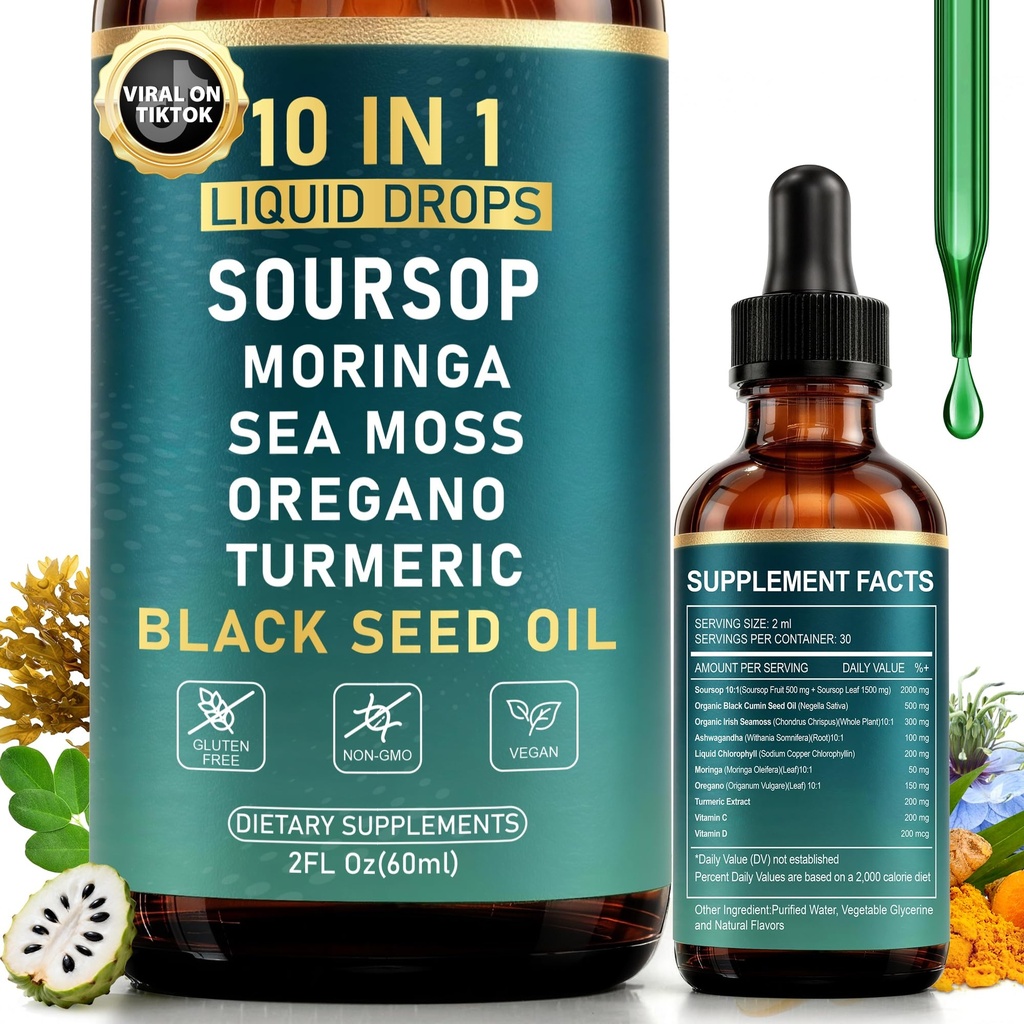 10-in-1 Soursop Bitters Flüssigkeitstropfen für Gutreiniger & Immun Boost & Detox mit Sea Moss, Moringa, Black Seed Oil, Turmeric, Ashwagandha, VC,VD - 2 Fl Oz - Non-GMO, Vegan