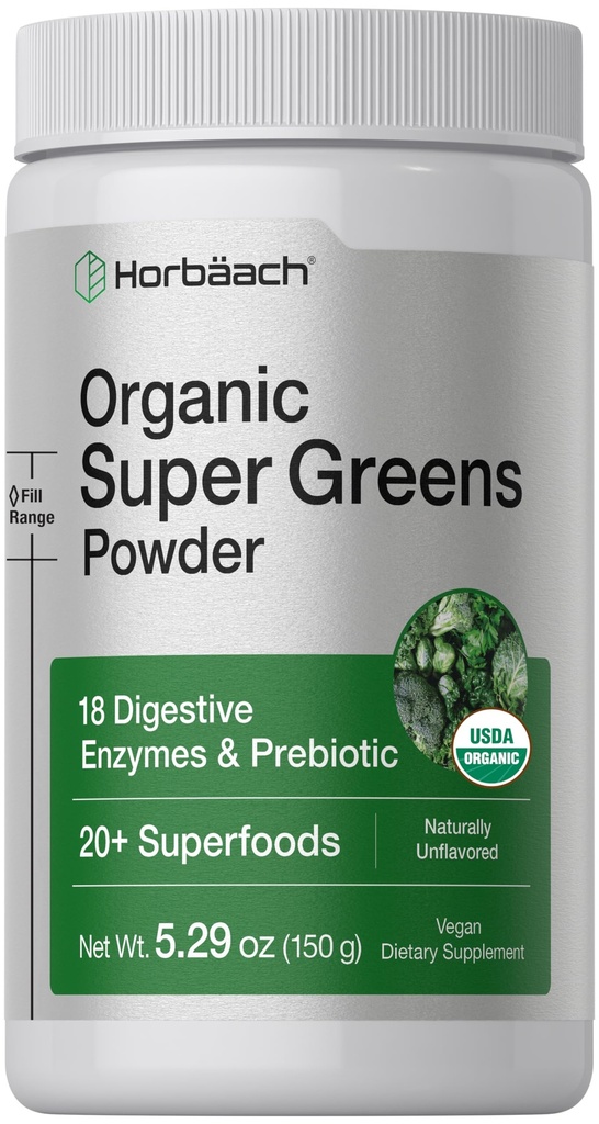 Horbäach Organic Greens Powder | 5.29 oz Supplement | mit 20+ Superfoods, 18 Verdauungsenzyme und Präbiotika | lindert okkzessives Gas, Discomfort & Bloating | Vegan und Non-GMO