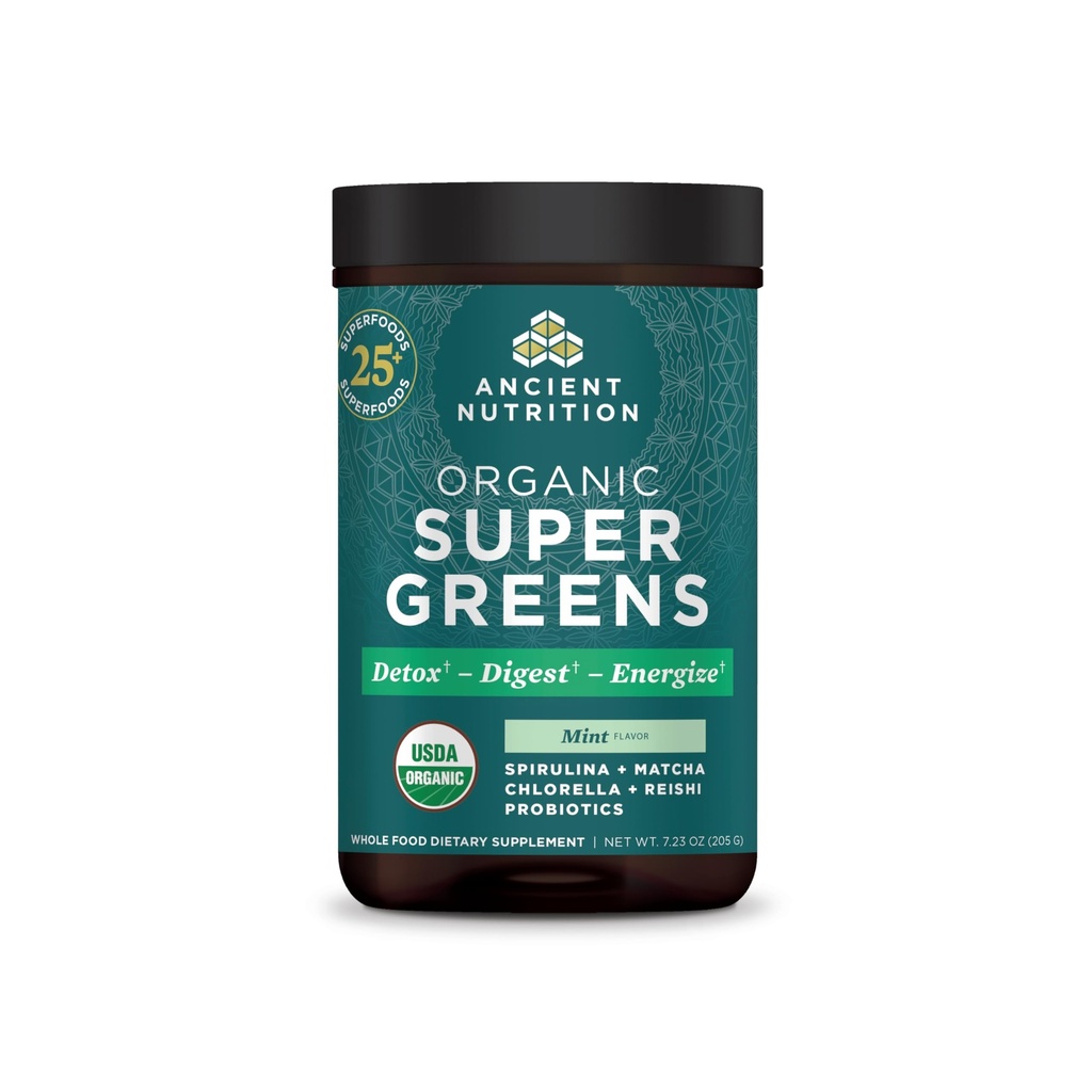 Antike Ernährung SuperGreens Pulver mit Probiotika, Organic Peppermint Flavor Greens, Aus echten Früchten, Gemüse und Kräutern, für Verdauungs- und Energieunterstützung, 25 Portionen, 7.23oz