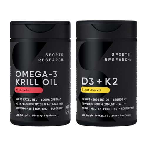 Sport Research® Multivitamin Pack - Omega-3 Krill Oil 500mg w/Choline, Phospholipide & Astaxanthin und Vitamin K2 & Vegan D3 5000iu mit Kokosnuss-MCT-Öl - Non-GMO · Glutenfrei