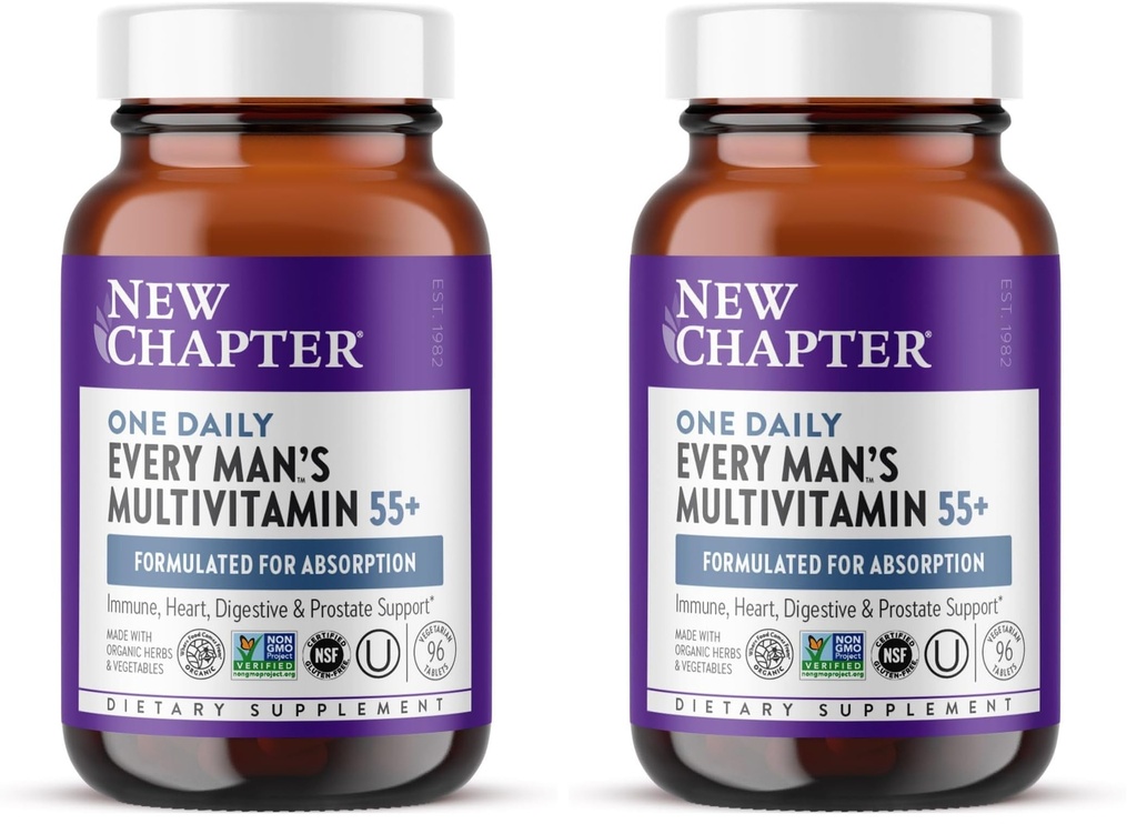 New Chapter Men’s Multivitamin 55+, Extra B6 & B12, D3, Astaxanthin, Vitamin C & Zink, Immune, Herz, Cellular Energy und Gehirngesundheit, Gentle on The Stomach,1 Täglich, Non-GMO, 96 Tabletten (Pack von 2)