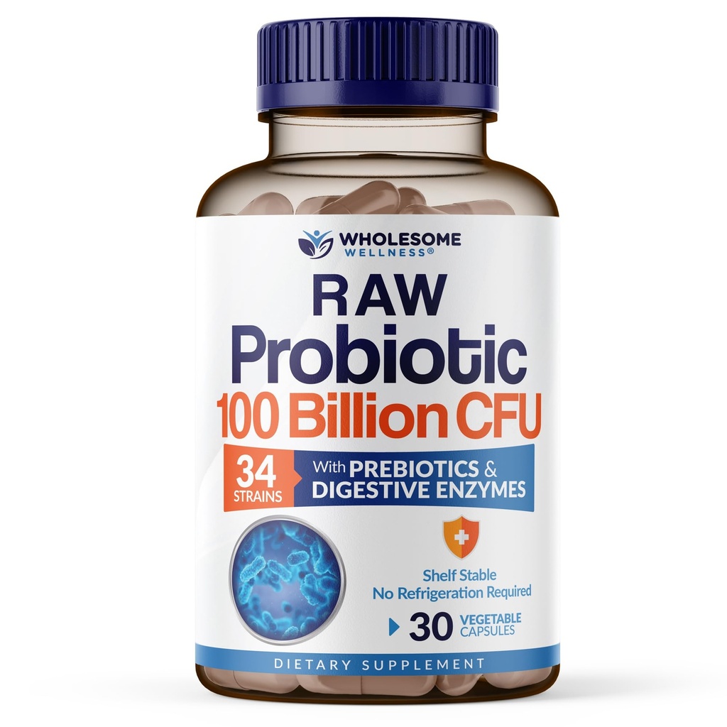 Vollständige Wellness Organic Raw Probiotics 100 Billion CFU, Dr Formuliert für Frauen und Männer, Komplette Erwachsene Ergänzung mit Präbiotika und Verdauungsenzyme; 30 Kapseln, Regal Stabil
