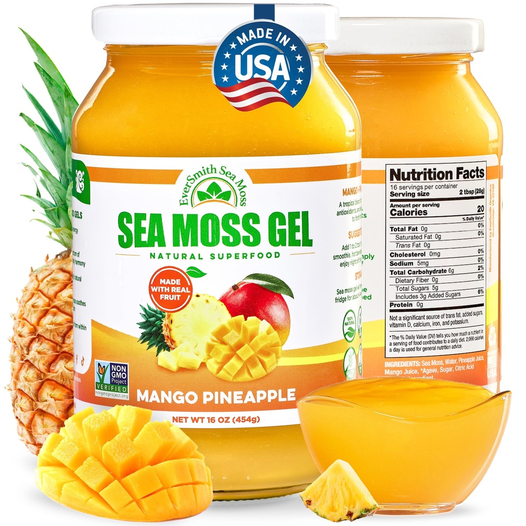 EverSmith Organics - Wildcrafted Irish Sea Moss Gel | Made in USA | Rich in Vitaminen & Minerals | Sea Moss Gel Raw | Nutritional Supplement | Mango Ananas (1 Jar)