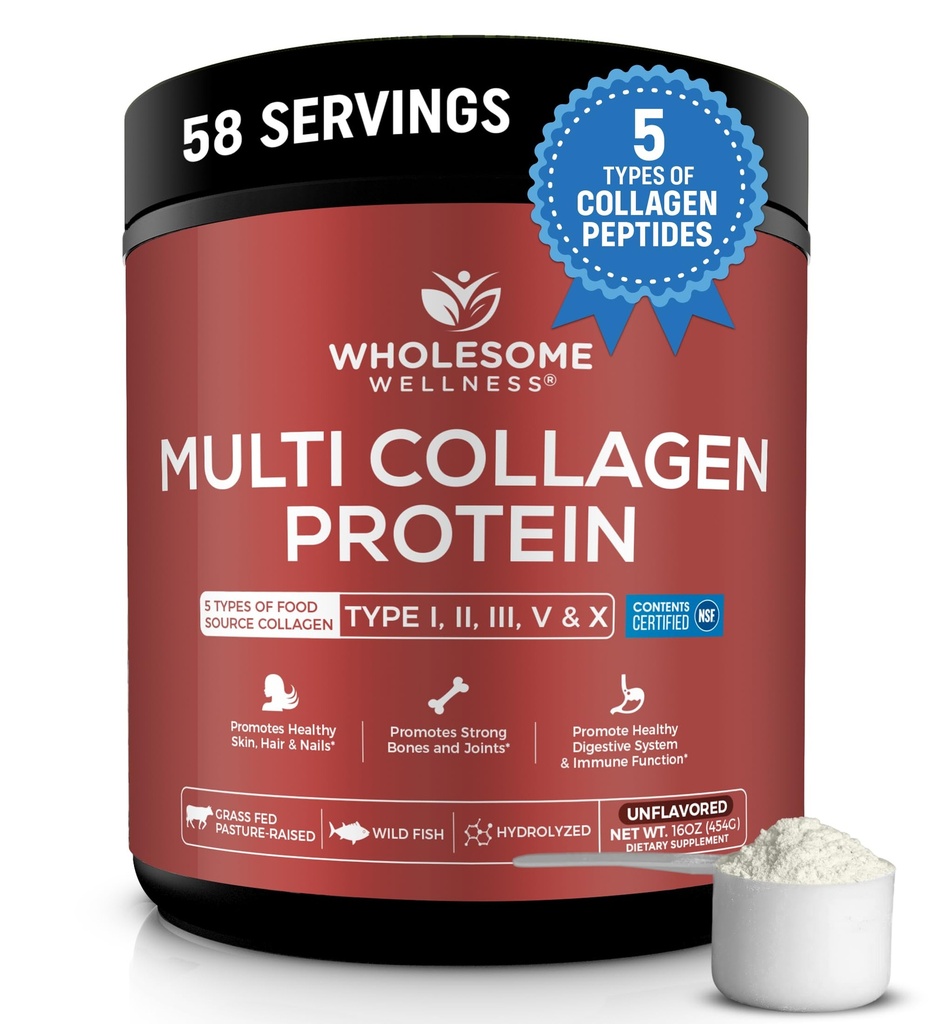 Ganzes Wellness Premium Multi Collagen Peptides Proteinpulver für Frauen und Männer, 5 Arten von hydrolysiertem Kollagen, Grass-Fed, Non-GMO & Unflavored, reines Protein für jugendliche Haut & Joint Recovery