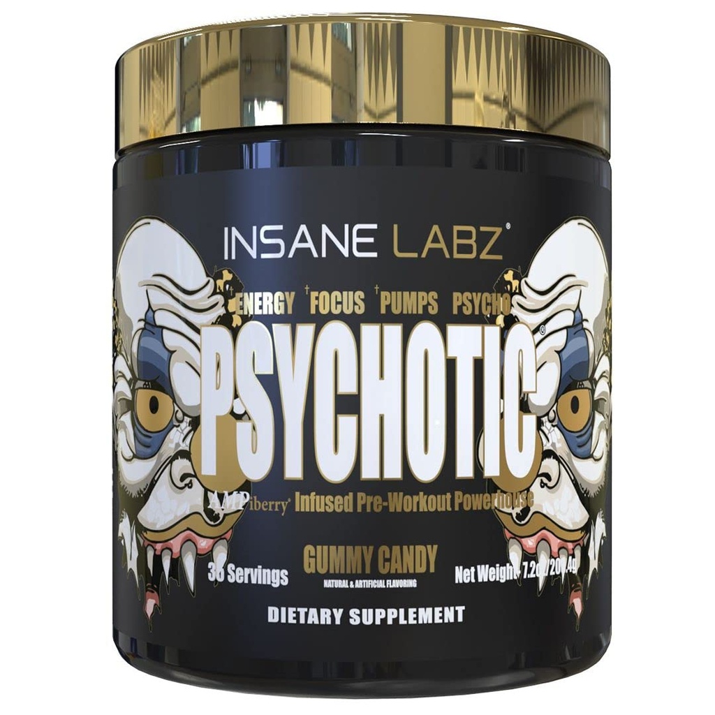 Insane Labz Psychotic Gold, High Stimulant Pre Workout Powder, Extreme Lasting Energy Focus, Pumpen und Ausdauer mit Beta Alanine, DMAE Bitartrate, NO Booster (35 Servierungen, Gummy Candy)
