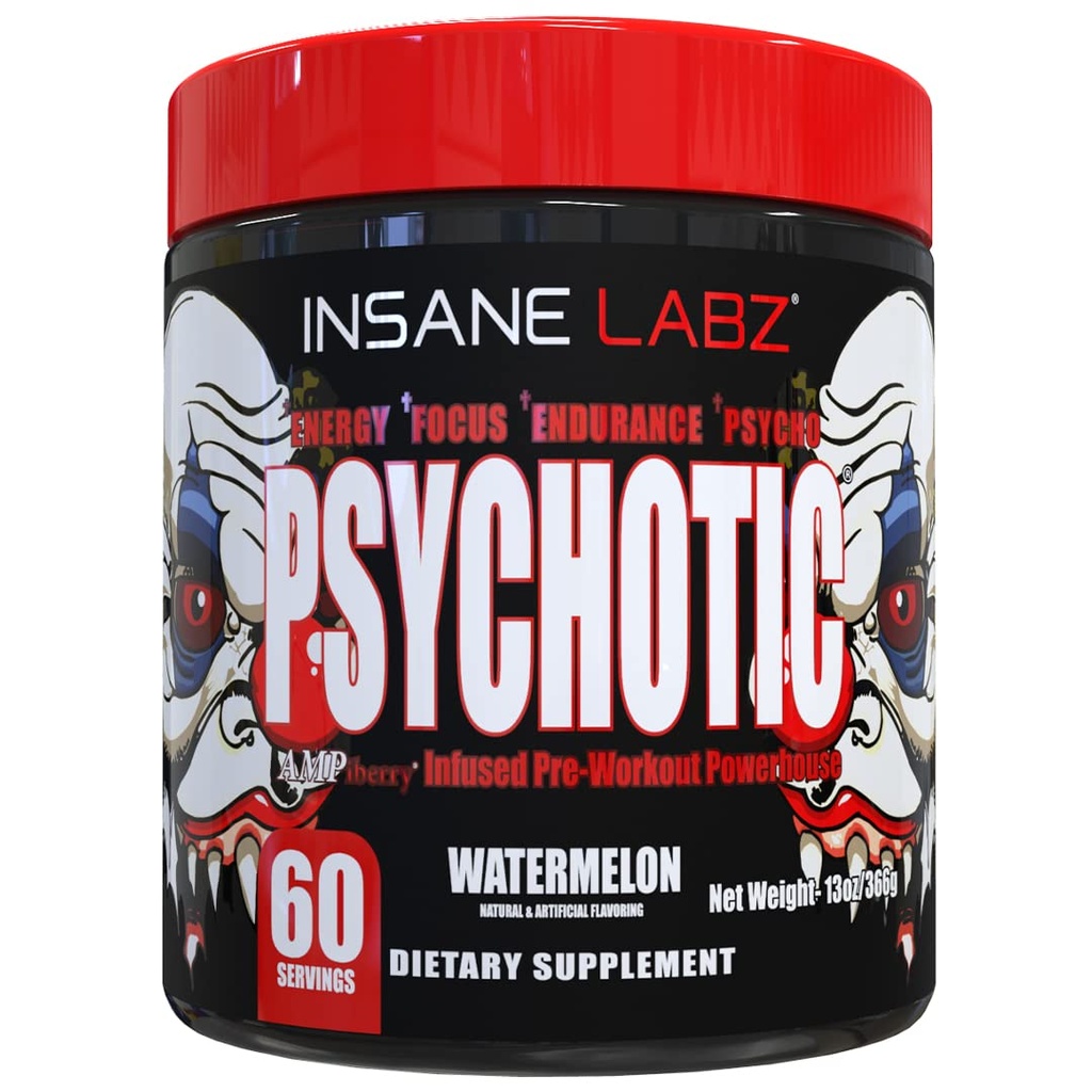 Insane Labz Psychotic, High Stimulant Pre Workout Powder, Extreme Lasting Energy, Fokus und Ausdauer mit Beta Alanine, Kreatin Monohydrat, DMAE, 60 Srvgs, Watermelon