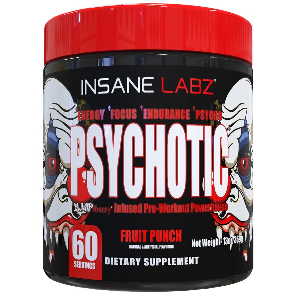 Insane Labz Psychotic, High Stimulant Pre Workout Powder, Extreme Lasting Energy, Fokus und Ausdauer mit Beta Alanine, Creatine Monohydrate, DMAE, 60 Srvgs, Fruit Punch