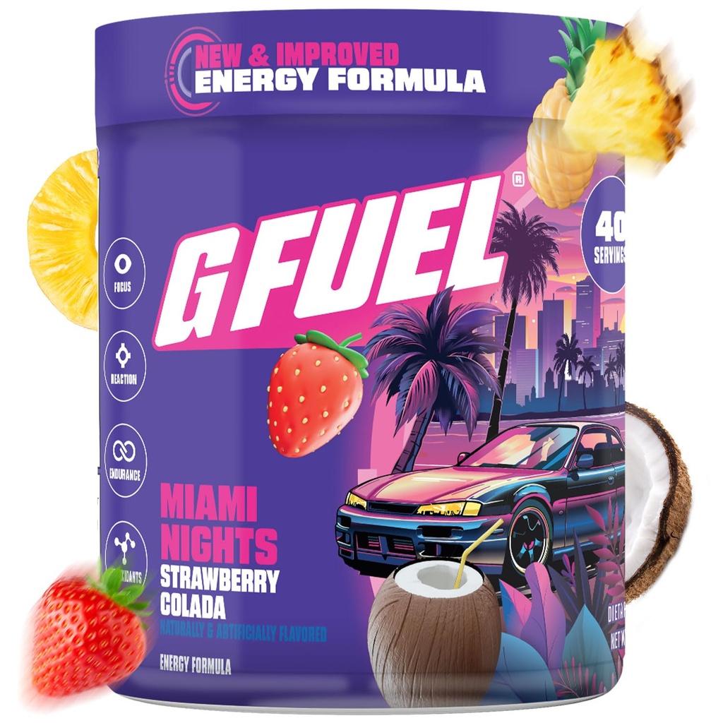 G Fuel Miami Nights 2.0 Energy Drink Powder, Pre Workout Caffeine Mix for Gaming, Sugar Free Focus Amino, Vitamin + Antioxidantien, 8.7oz (Strawberry Pina Colada, 40 Portionen)