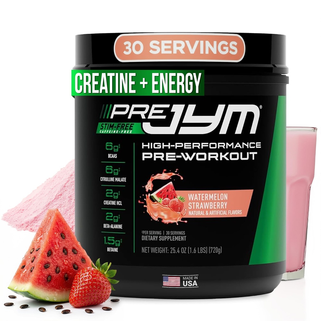 Pre JYM Stim Free Watermelon Erdbeer Pre-Workout Pulver, Kreatin, Kein Koffein, Citrulline, Betaine, BCAA's, Taurine, Alpha-GPC, Huperzine, 30 Servierungen