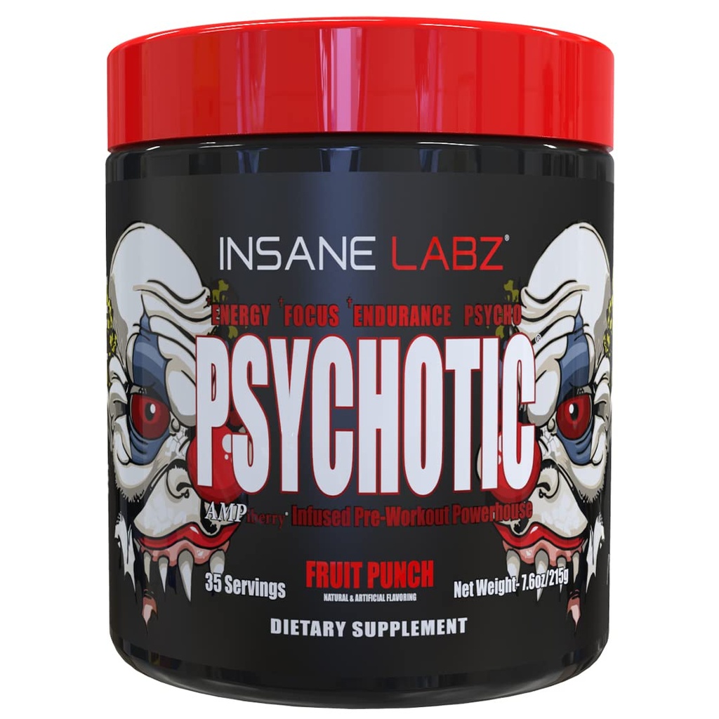 Insane Labz Psychotic, High Stimulant Pre Workout Powder, Extreme Lasting Energy, Fokus und Ausdauer mit Beta Alanine, Kreatin Monohydrat DMAE, 35 Srvgs (Fruit Punch)