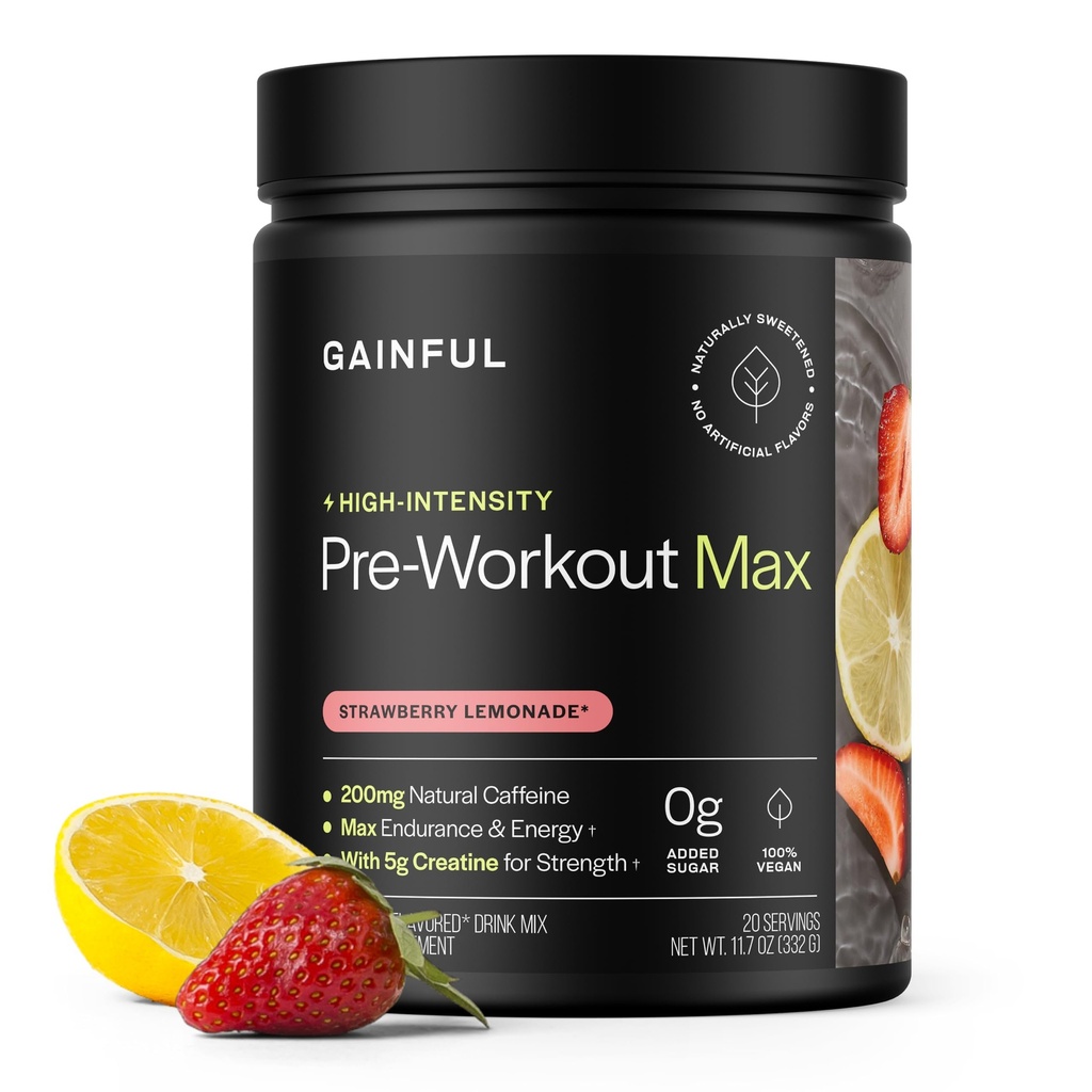 Gainful High Intensity Pre Workout Pulver mit 200mg Koffein, 5g Kreatin, Erdbeer-Lemonade Flavor, unterstützt Energie, Stärke, Ausdauer, & Erholung, BCAAs, Beta Alanine, L-Citrulline, 20 Servierungen