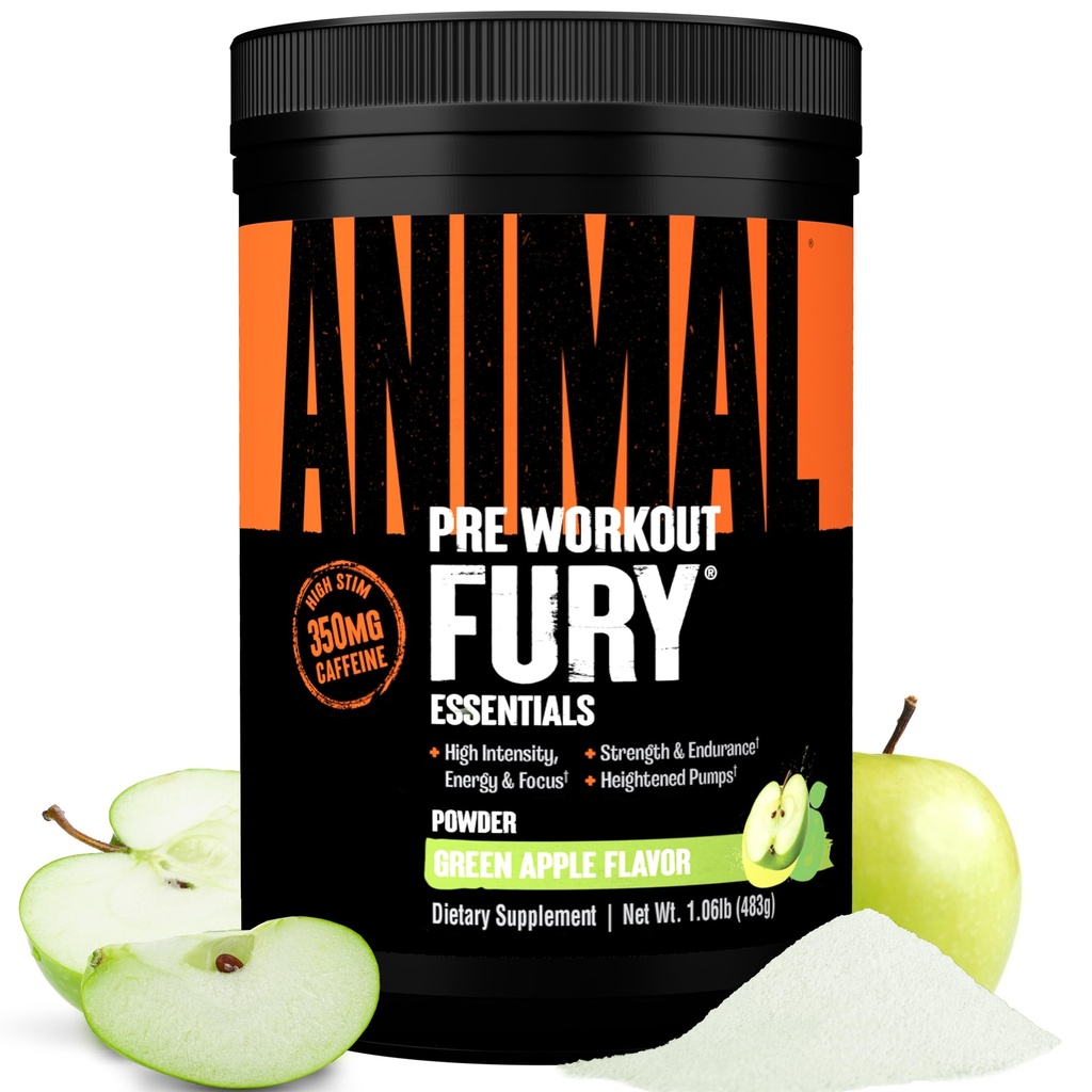 Animal Fury Pre Workout Powder - Grüner Apfel, 350mg Koffein, BCAA Aminosäuren, 2g Beta Alanine, Citrulline & Tyrosin, Energie, Fokus, Stärke, Ausdauer, Vorarbeit für Männer & Frauen, 30 Servierungen