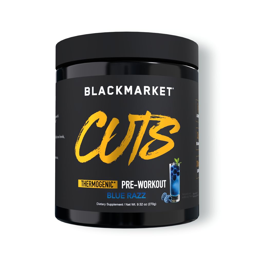 BLACKMARKET CUTS Pre Workout - Flavored Energy Powdered Drink Mix für Männer & Frauen, Ideal für Muskeldefinition, Thermogenic, Kreatin Free, (Blue Razz, 30 Servierungen)