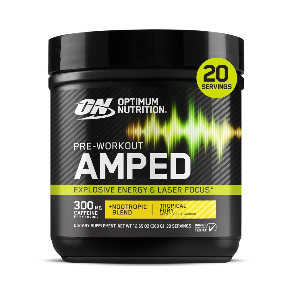 Optimum Nutrition Amped Pre-Workout, mit Citrulline, Beta-Alanin, Nootropics und 300mg Koffein für Energie, Tropical Fury, 20 Portionen (Packaging May Vary)