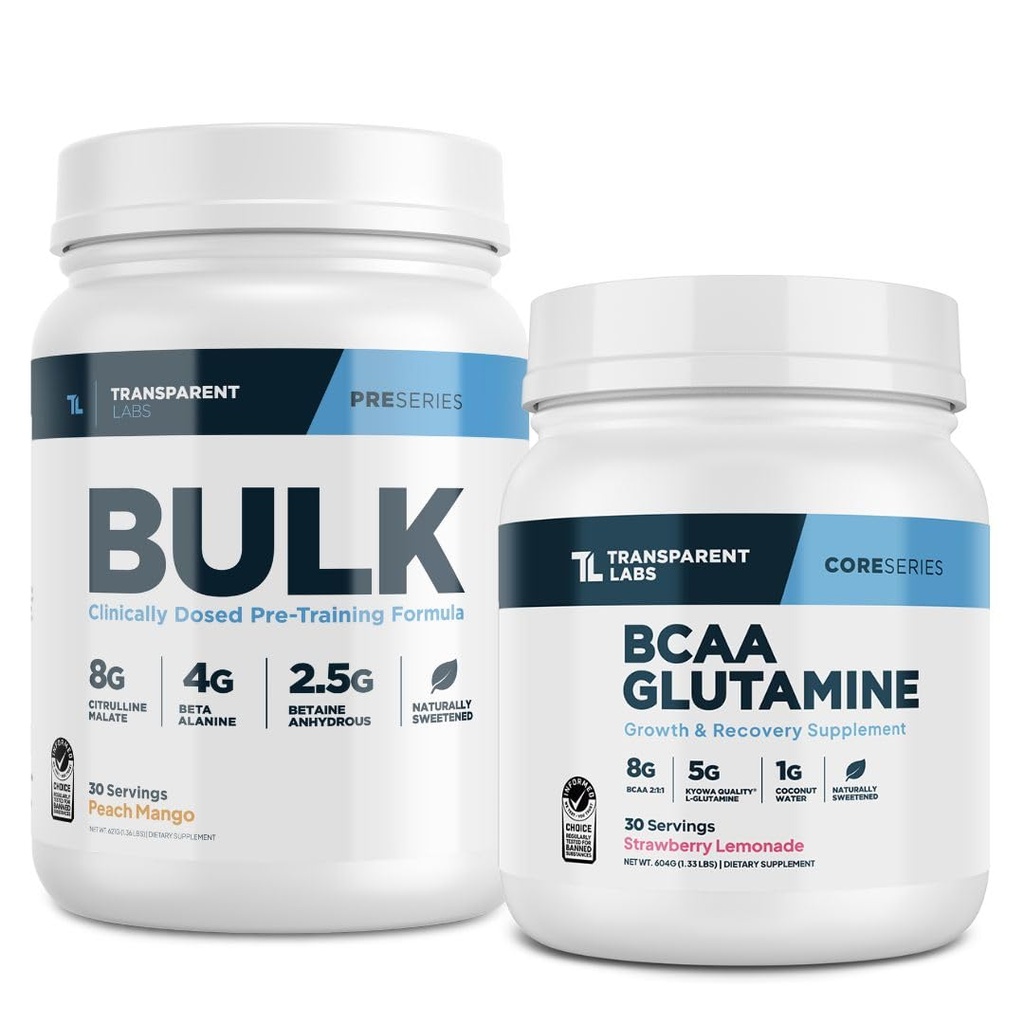 Transparent Labs Bulk Pre-Workout (30 Servierungen, Pfirsich Mango) & BCAA Glutamin (30 Servierungen, Erdbeer-Lemonade)
