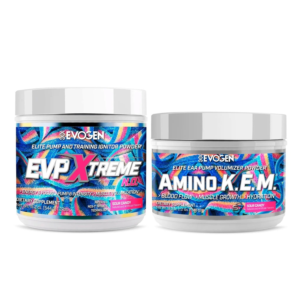 Evogen EVP Xtreme NO Amino K.E.M. Bundle – Pre Workout Powder & EAA/BCAA Pump Volumizer für Muskelwachstum, Hydration & Performance | Sour Candy