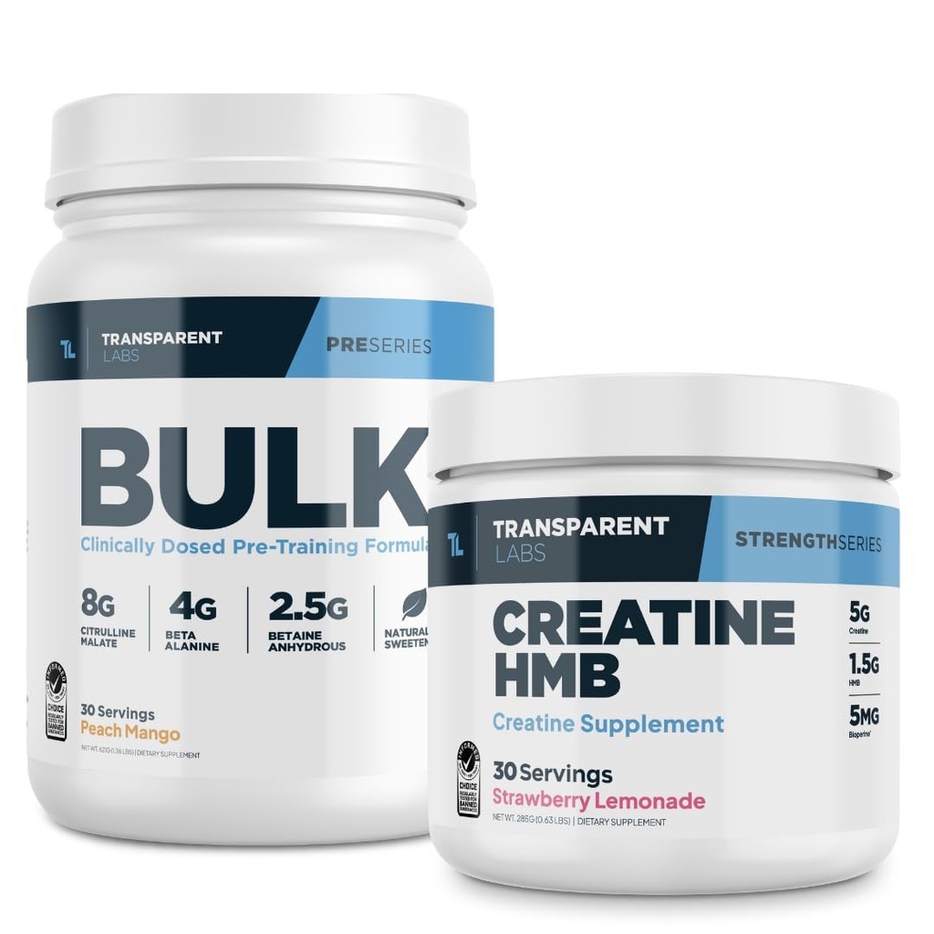 Transparente Labs Bulk Pre-Workout Pulver (30 Servierungen, Pfirsich Mango) & Kreatin HMB (30 Servierungen, Erdbeer-Lemonade)