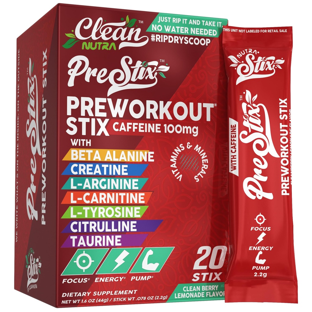Clean Nutraceuticals Pre Workout Powder Energy Sticks - Caffeine 100mg, Energy Drink Mix, Creatine Monohydrate, Beta Alanine, L-Citrulline, L-Tyrosin, L-Carnitin, Elektrolyt Hydration Packets 20 Ct