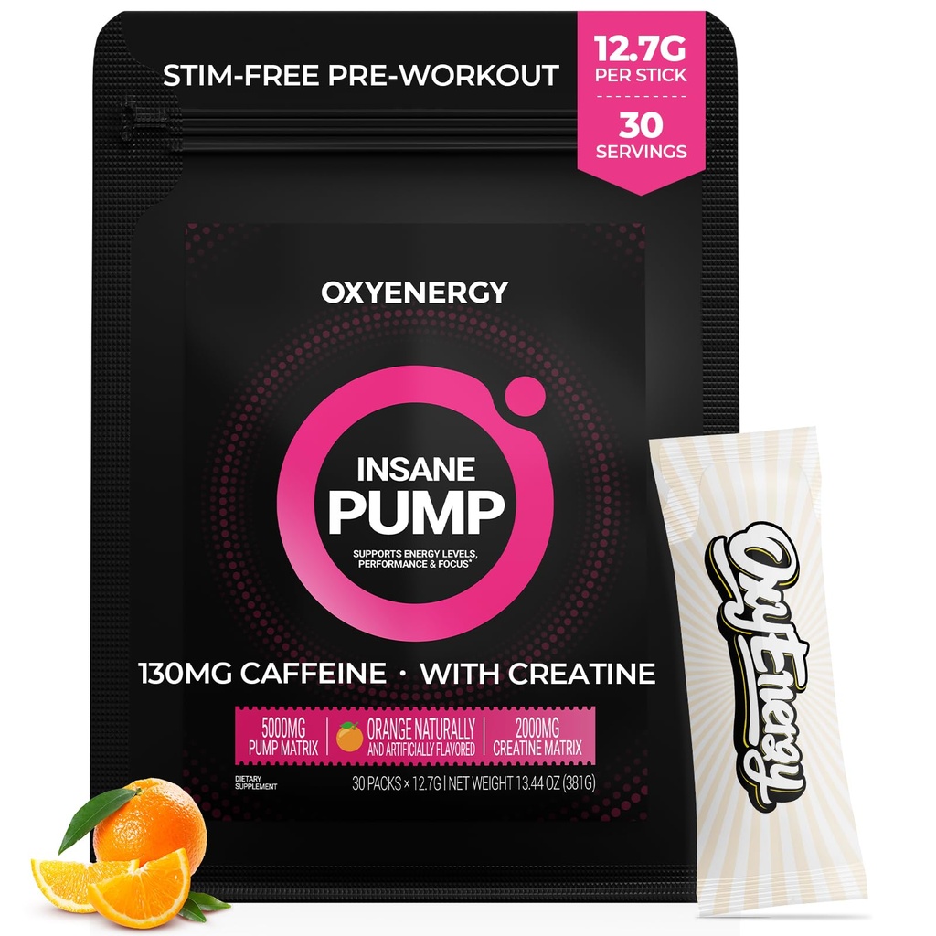 OxyEnergy Pre Workout Powder -Orange, Non Stim 130mg Low Caffeine, On-The-Go Pakete mit Beta Alanine, Kreatin Monohydrate & Taurine für empfindliche Benutzer, Frauen, Abend-Workouts - 30 Servierungen