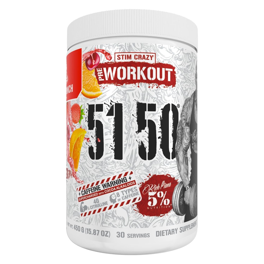 5% Nutrition Rich Piana 5150 High Stim Pre-Workout Powder | Extreme Energy, Focus, Pumps & Endurance | 400 mg Koffein, Citrulline, Beta Alanine, N-Acetyl L-Tyrosine | 30 Srvgs (Fruit Punch)