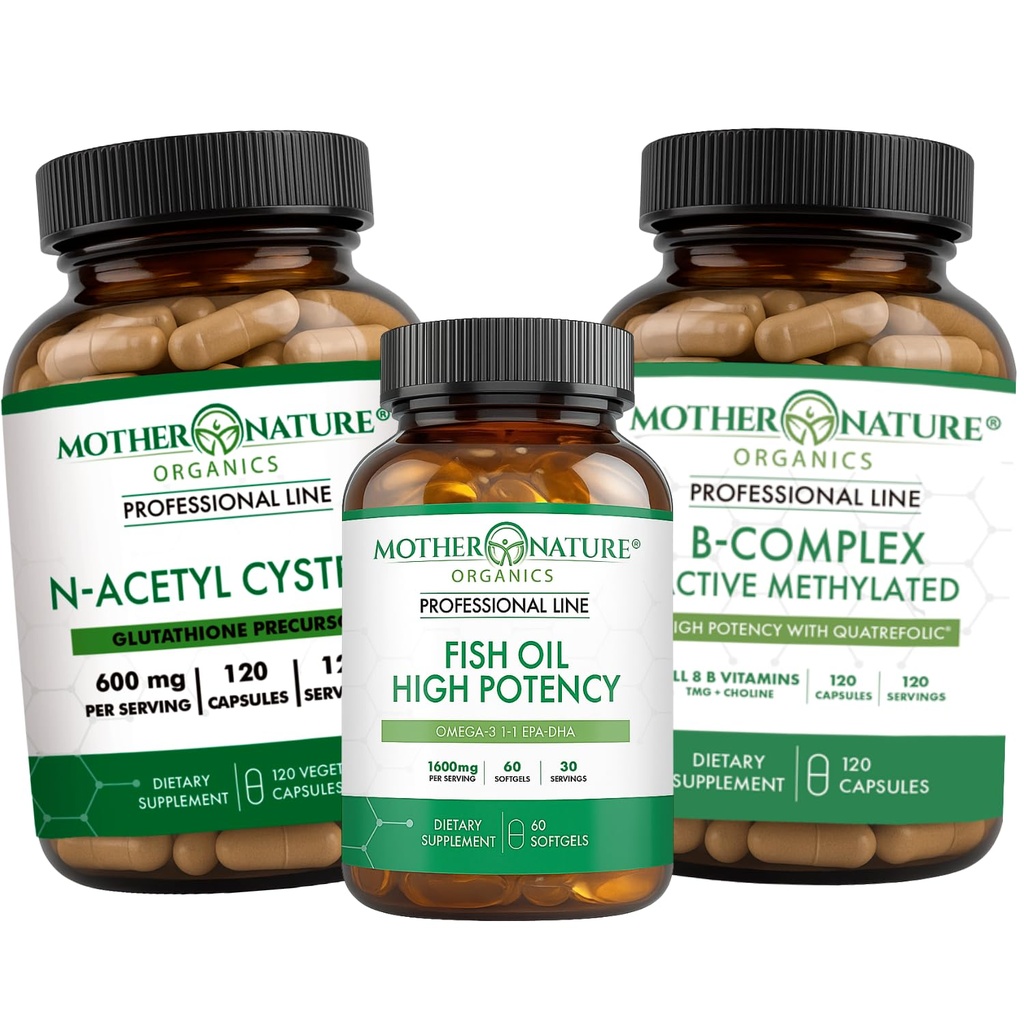 NAC + Omega-3 + B Complex Bundle – Immun-, Energie- und Herzunterstützung | Antioxidans Verteidigung für Gehirn, Stress & Wellness