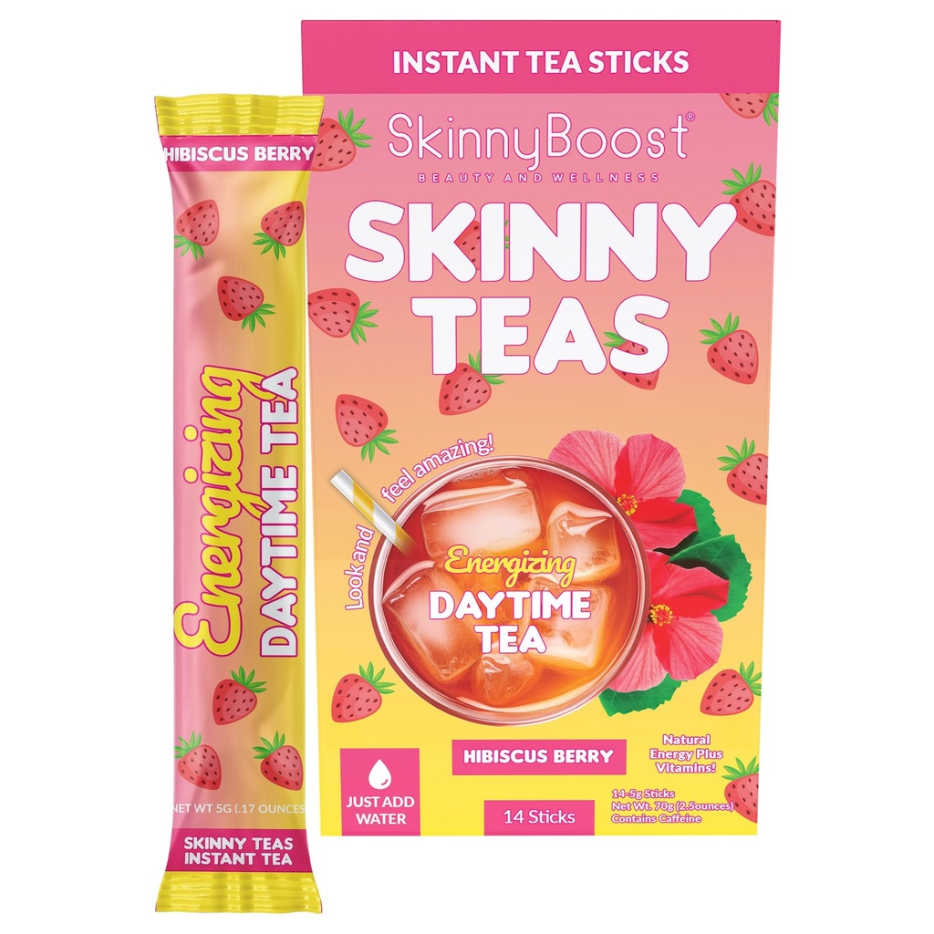 Skinny Teas Energizing Daytime Tea Sticks – Hibiscus Berry Instant Tea, Natural Energy + Stoffwechselunterstützung, Vitamine + Prebiotic Fiber, 10 Kalorien, 14 Count