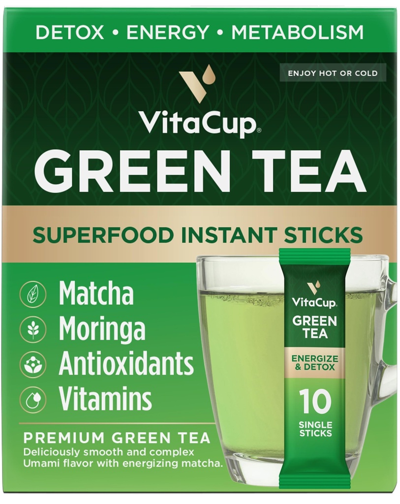 VitaCup Green Tea Instant Packets, Enhance Energy & Detox mit Matcha, Moringa, B Vitamine, D3, Fiber, Keto, Paleo, Vegan in Teepulver Single Serviersticks, 10 Ct