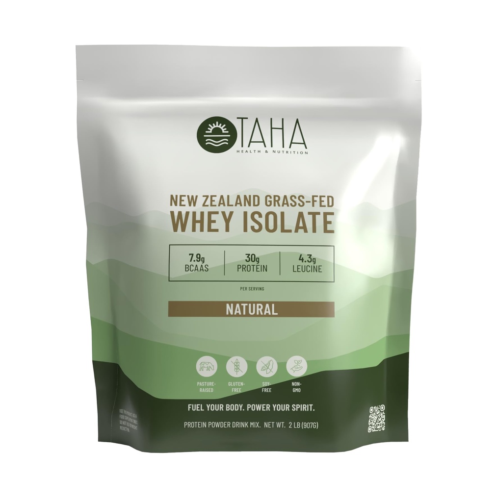 Taha Health & Nutrition Natural Unflavored Whey Protein Isolate, 30g Protein, 7.9g BCAAs, 4.3g Leucine | Neuseeland Grass-Fed, Free-Range Dairy | Gluten & Soy Free, Keto, Kosher | 2LB, ~26 Servierungen