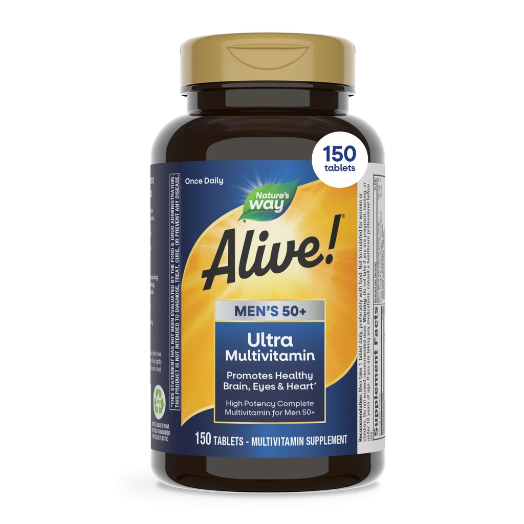 Naturweg Alive! Ultra Potency Multivitamin für Herren 50 Plus, Vollständige Hochpotenzformulierung mit Vitamin D3, C, E, Methyl B12, unterstützt Cellular Energy, Herz, Gehirn und Augengesundheit,* 150 Tabletten