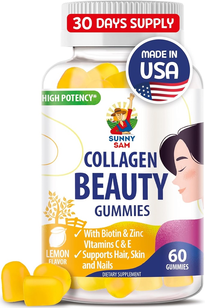 SUNNY SAM Biotin Collagen Gummis für Damen und Mädchen - Niedriger Zucker 60 Kaubare Schönheit Collagen Gummis für verbesserte Haar Haut und Nägel - Biotin, Vitamin A, Zink-Ergänzung - Natürliche Zitronen Geschmack