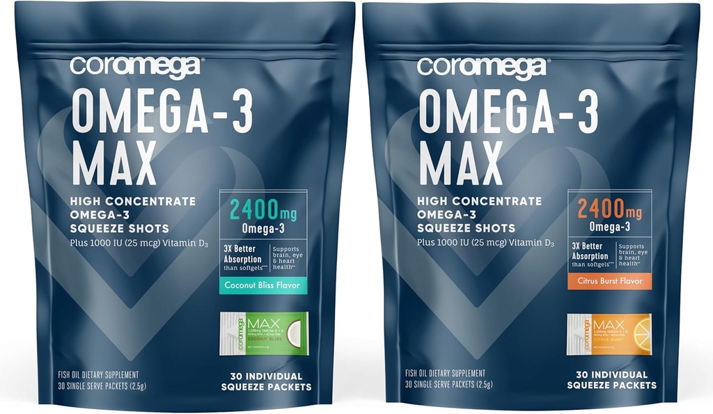 Coromega Omega-3 Fish Oil Bundle – 2400mg Omega-3s + Vitamin D, 3X bessere Absorption, kein Fisch Nachgeschmack, Kokosnuss-Bliss & Citrus Burst Flavors, 60 Squeeze Packets