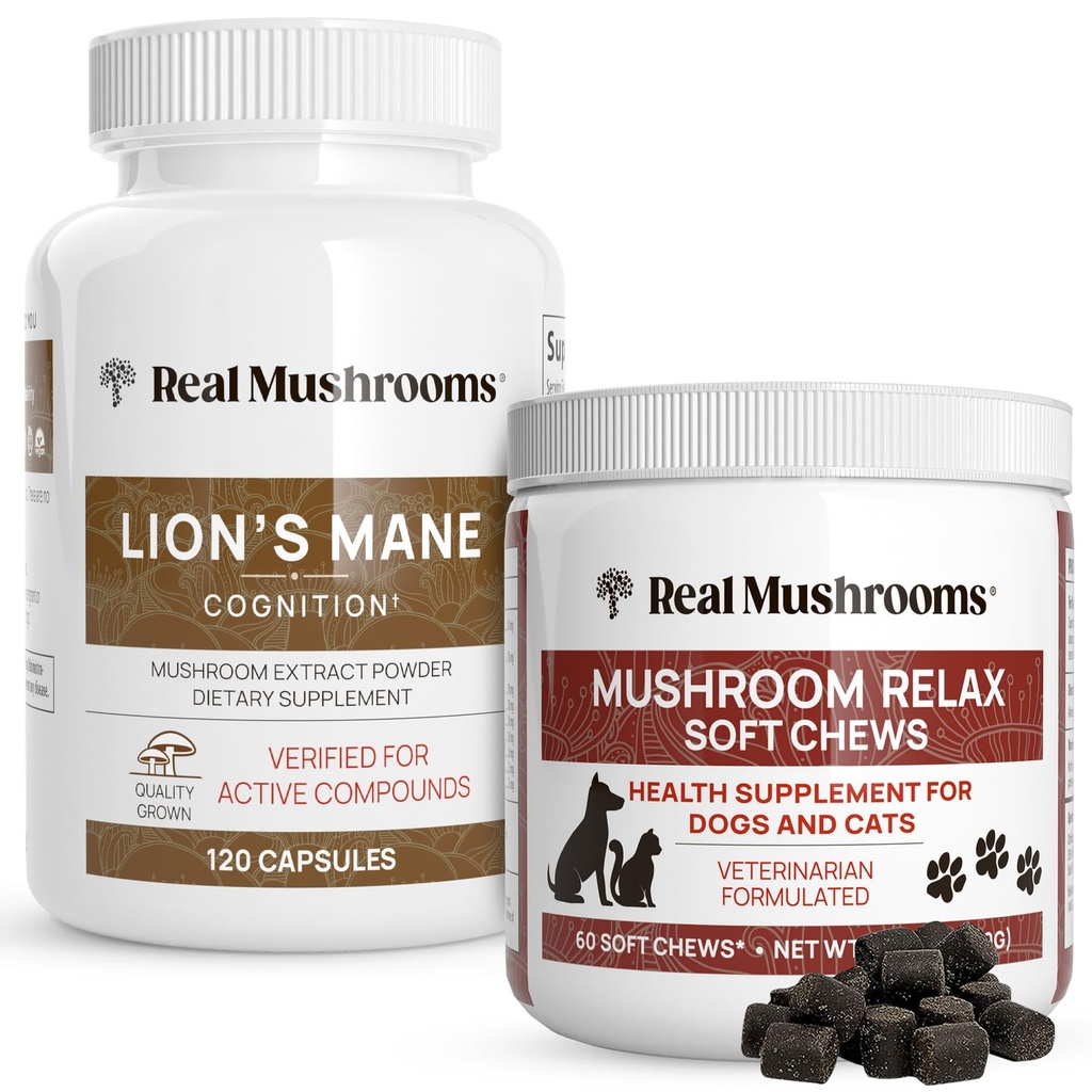 Real Mushrooms Lion's Mane for Humans (120ct) & Mushroom Pet Relax Chews (60 Chews) - Bundle for Cognition & Relaxation - Vegan, Non-GMO, Gluten-Free, Grain-Free Mushroom Extract Supplements