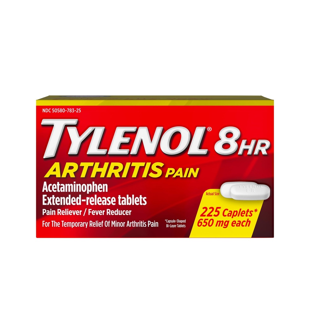 Tylenol 8 Hour Arthritis Pain Extended Fast, Strong Pain Relief Caplets, Acetaminophen 650 mg Each, Relieves Minor Arthritis and Joint Pain, Fever Reducer, Gentle on Stomach, 225 Count Value Size