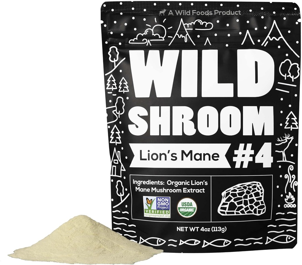 Wild Foods Lions Mane Powder Pilze Extrakt 10:1 | Bio Pilzpulver | Adaptogenic Nootropic Kräuter für Gehirn Gesundheit, Gedächtnis und Fokus(4 Unze)