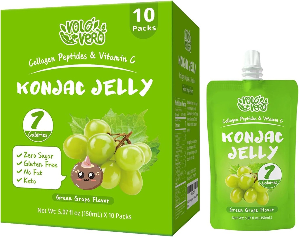 Konjac Jelly Pouch Trinkbare grüne Trauben Geschmack, Niedrige Kalorien (7 Kcal), 10 Packungen, Glutenfrei, Zero Sugar, Keto, Collagen Peptides, Vitamin C Sweet Healthy Fruit Snacks Geschenke