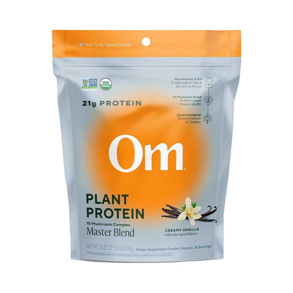 OM MUSHROOM SUPERFOOD Master Blend Vegan Protein – Creamy Vanilla Plant Protein with 10 Mushrooms, Ashwagandha, BCAAs & B12 – Energy, Recovery & Immune Support – 1.2 lb (16 Servings)