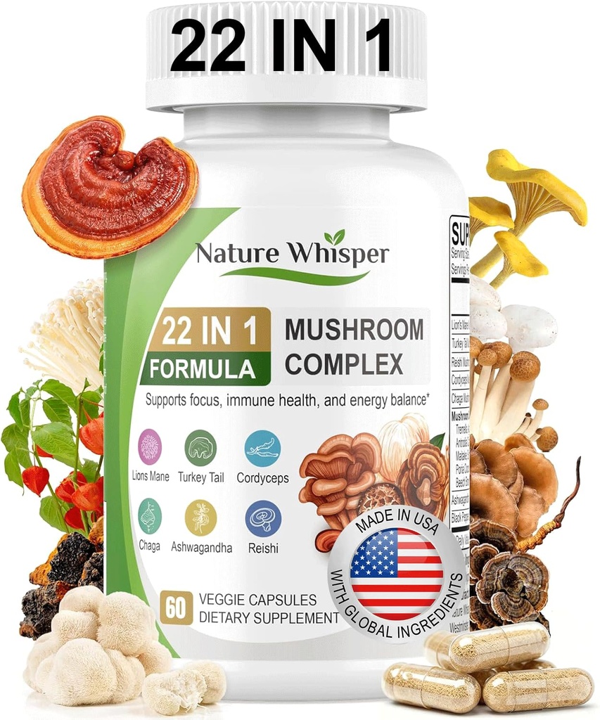 22 in 1 Lions Mane Mushroom Supplement with Ashwagandha | Black Pepper for Wellness Support, Mushrooms Complex with Turkey, Tail, Reishi, Cordyceps, Chaga, Maitake & More - 60 Capsules