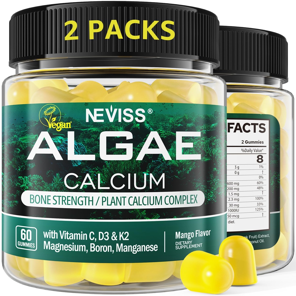(2 Pack) Kalzium-Gummi für Frauen, Zuckerfreie Kalzium-Ergänzung von nachhaltigem Algen (3. Partei getestet) mit Vitamin D3 K2, C, Zink, Boron, Manganese für Knochenstärke, Calcium Absoption, Vegan