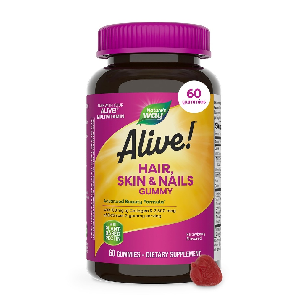 Nature's Way Alive! Hair, Skin & Nails Gummies with Collagen and Biotin, Advanced Beauty Formula Supplement with Antioxidant Vitamins C & E*, Strawberry Flavored, 60 Gummies