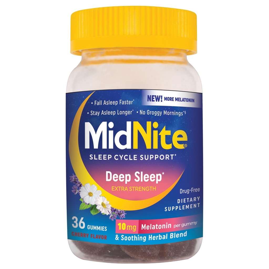 MidNite Deep Sleep Extra Strength, 10 mg Melatonin Sleep Aid, Non-Habit Forming, pflanzliche Nahrungsergänzung für Erwachsene, Drug-Free, Glutenfrei, Lactosefrei, Vegetarisch-Friendly, 36 Gummies