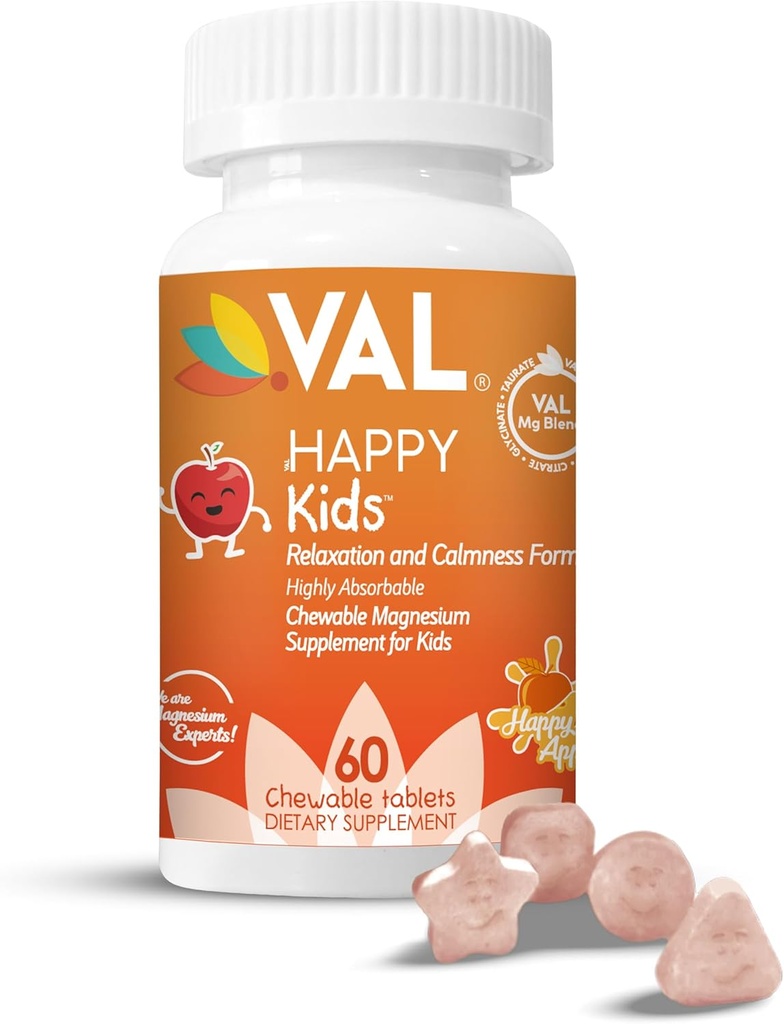 VAL Magnesium für Kinder | High-Absorption Magnesium für Kalorien, Entspannung & Fokus | Mg Glycinate, Citrate & Taurate | mit Vitamin B6, D & C | Zuckerfrei, Non-GMO | 60 Chewable Tablets