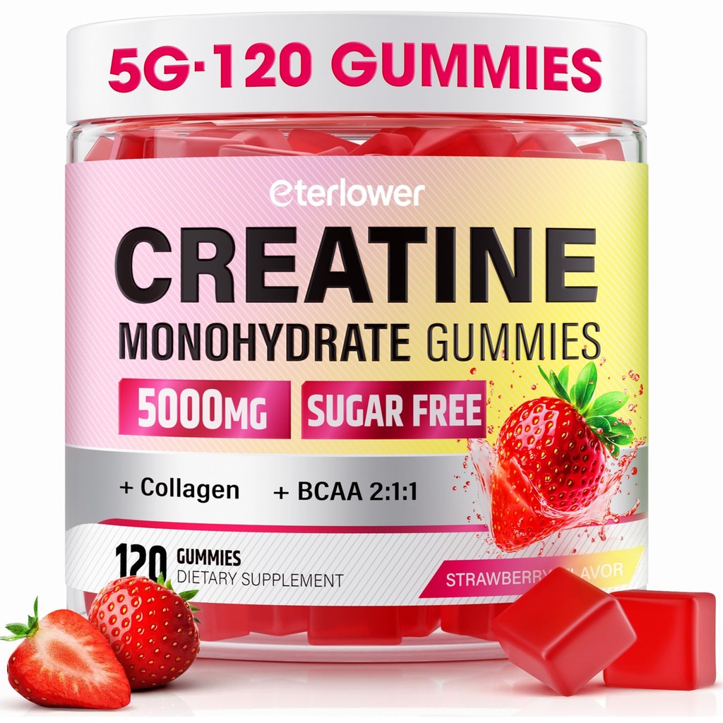 Kreatin Monohydrat-Gummien, 5g Kreatin-Gummien für Frauen & Männer.Pre-Workout & Muskel-Wachstumsunterstützung, Enthält BCAA, Collagen, Sugar-Free, 120 Count